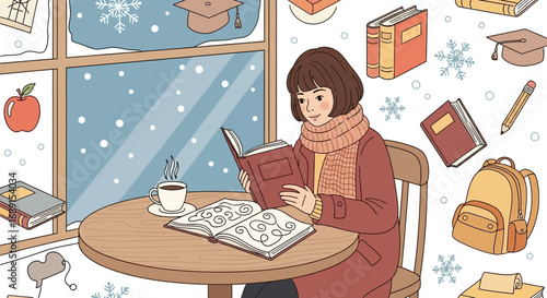 Cozy winter scene of a woman reading a book with hot coffee by the window watching the snow fall