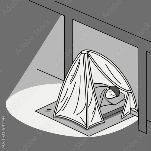 Child Sleeping in a Tent Indoors at Night, Grayscale Illustration
