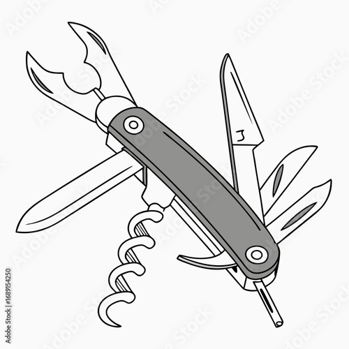 Detailed Illustration of a Grey Multitool with Various Blades and Instruments