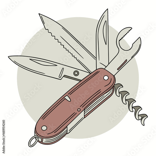 Detailed Illustration of a Brown Multitool with Various Implements