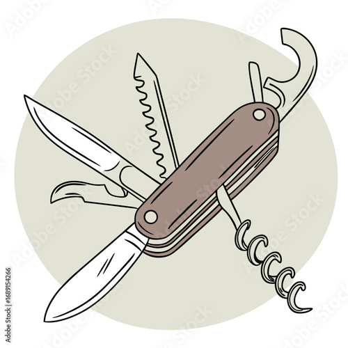 Detailed Illustration of a Brown Multitool with Various Implements