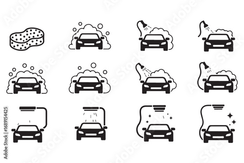 The car wash process is depicted in a series of icons, isolated on white background, showing each step from soapy sponge to sparkling clean vehicle