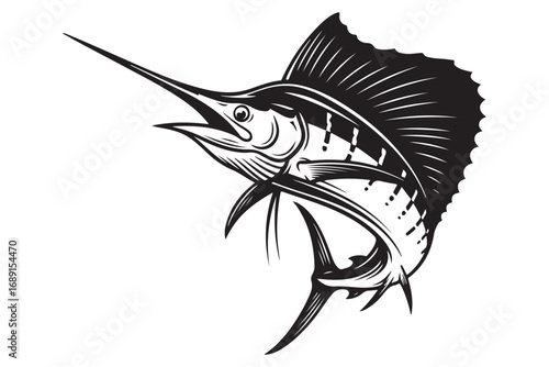 A majestic sailfish leaps from the water, its dorsal fin fully extended, isolated on white background a symbol of strength and agility in the oceans depths