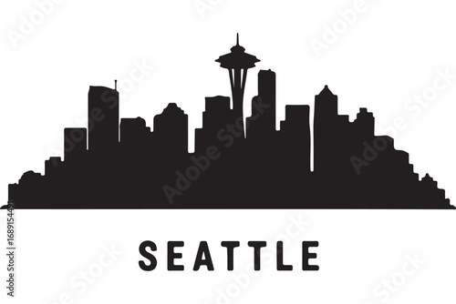 The seattle skyline is silhouetted against a white backdrop, isolated on white background, featuring the iconic space needle and other prominent buildings
