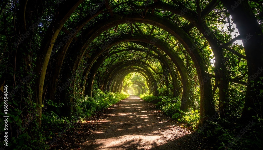 Obraz premium Walking Path Tunnel Through Green Tree Arches Nature Trail