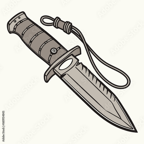 Gray Fixed Blade Knife with Serrated Edge and Lanyard