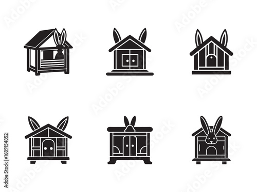 Six Black and White Rabbit Hutch Icon Set For Animal Shelters Pet Shops and Easter Celebrations Cute Design Vector Illustration