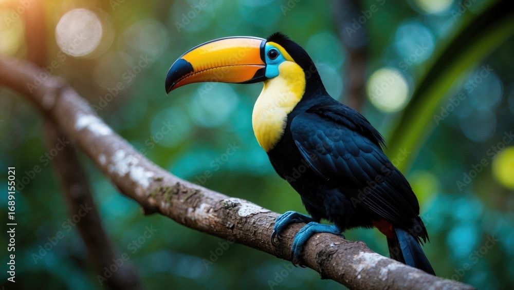 Fototapeta premium Colorful toucan perched on a branch in a lush green rainforest.
