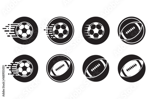 Dynamic sports icons featuring soccer and football balls in motion, isolated on white background, representing athleticism, competition, and the thrill of the game