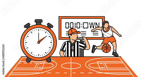 Dynamic basketball game illustration with time pressure referee and a player dribbling