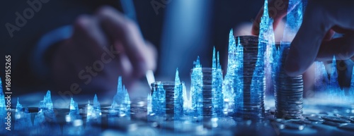 Stacks of coins form upward chart. Hands manipulate coins with a tool. Blue graph overlay indicates rise. Low-light with focus on coin stacks