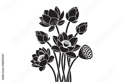 Elegant lotus flower arrangement isolated on white background, showcasing intricate floral details and serene beauty in a captivating monochrome illustration