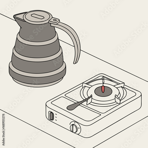 Grey Collapsible Kettle and Single Burner Stove Illustration