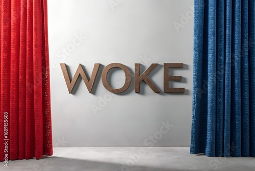 The word woke displayed prominently between red and blue curtains