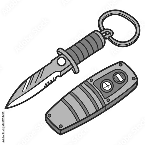 Grey Metal Knife and Keychain Gadget Illustration