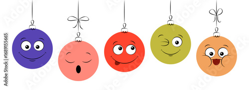 Set of Christmas balls with funny faces. Hand drawn emotions. Template for banner, greeting card, poster. Vector illustration