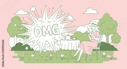 Elegant Afternoon Tea: A Retro-Inspired Illustration of Surprise and Tranquility in a Garden Setting