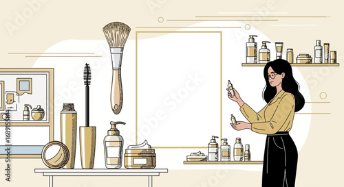 Elegant beauty illustration featuring a woman selecting skincare products with space for text or