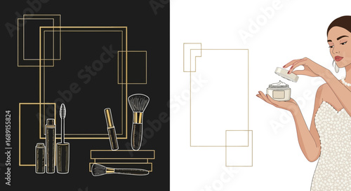 Elegant beauty illustration with makeup and skincare products in a modern geometric frame on split