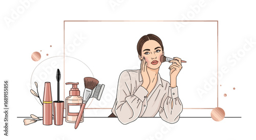 Elegant beauty illustration with woman applying makeup and cosmetic products display