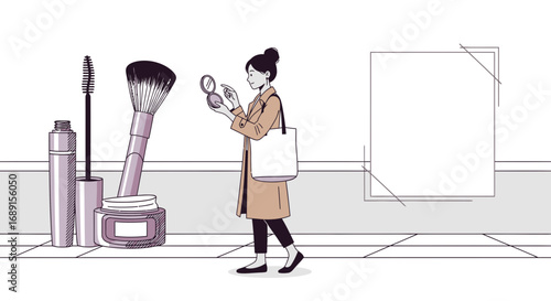 Elegant woman applying makeup alongside beauty products in a modern illustrated scene