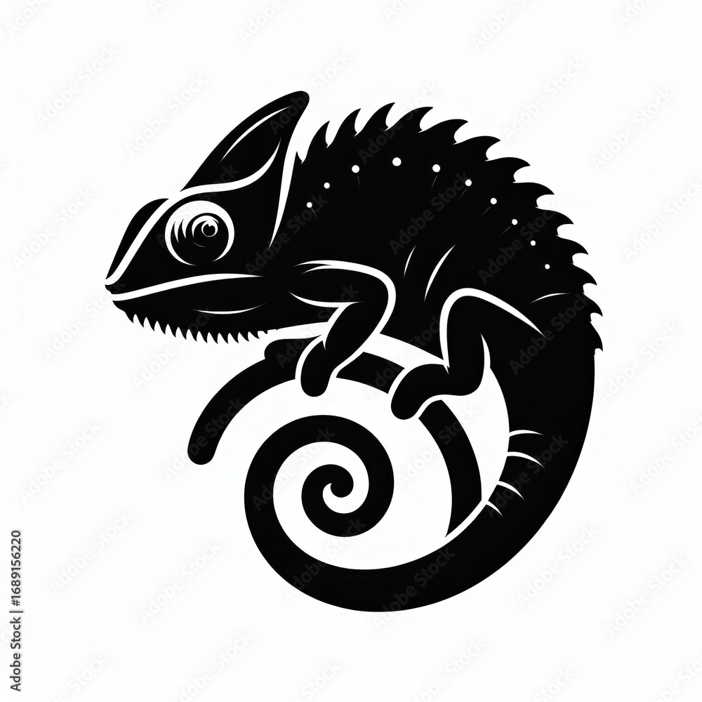 Fototapeta premium Stylized black silhouette of a chameleon with a coiled tail on a white backdrop
