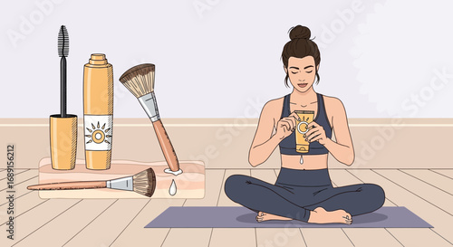 Elegant woman applying sunscreen during yoga session surrounded by beauty products artwork