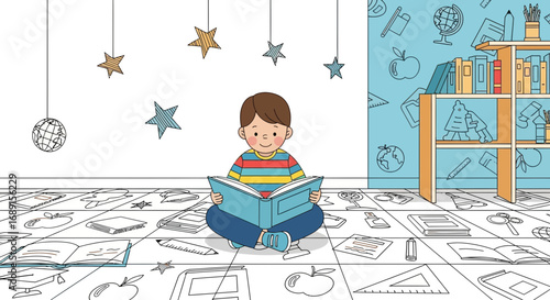 Charming illustration of a child immersed in reading surrounded by educational elements