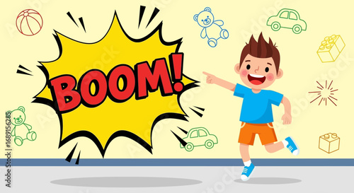 Energetic cartoon boy pointing with 'BOOM!' explosion, surrounded by playful objects, creating a
