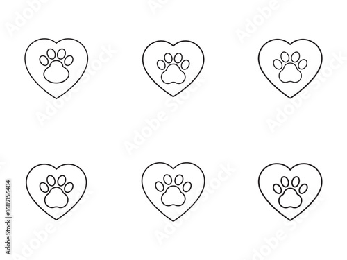 Six Paw Print Heart Icons in a Line Pattern Design for Animal Lovers and Pet Adoption