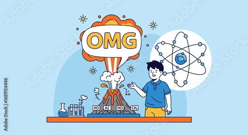 Enthusiastic boy presenting an explosive science experiment with volcano and atom drawing