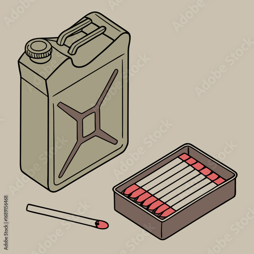 Isometric Illustration of a Jerrycan Matches and Matchbox