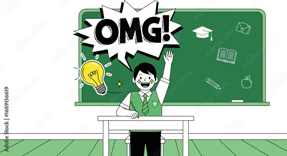 Naklejka premium Excited student raising hand in classroom showcasing bright idea and academic enthusiasm