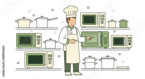 Chef showcasing kitchen appliances and cookware in a professional environment promoting culinary