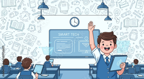 Enthusiastic student in a smart classroom using technology to enhance education experiences