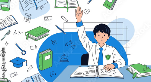 Enthusiastic Student Raising Hand in Class surrounded by School Supplies Illustration