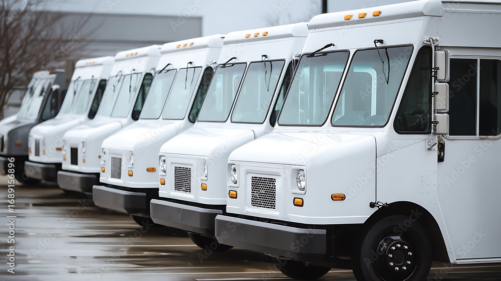 Naklejka premium White delivery vehicles in cargo configuration front view in parking lot 