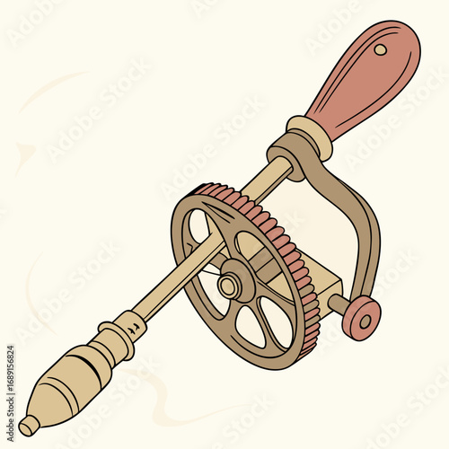 Isometric Illustration of a Vintage Hand Drill with Wooden Handle and Metal Gear