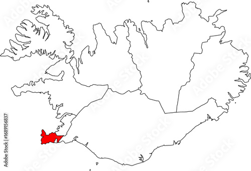 A detailed vector map of Iceland highlighting the Suðurnes (Southern Peninsula) region. Ideal for tourism, demographic, and geological studies and reports.

