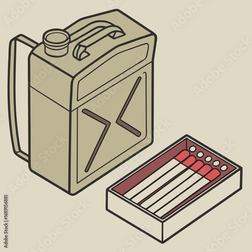 Isometric Illustration of Beige Jerrycan and Matches