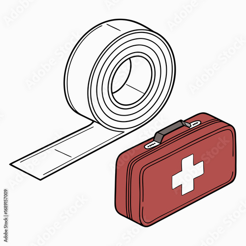 Isometric Illustration of First Aid Kit and Adhesive Tape