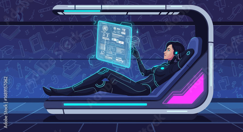 Futuristic learning environment girl immersed in virtual studies inside pod machine