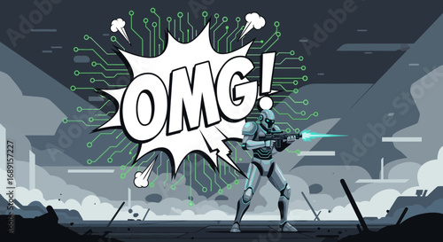 Futuristic robot warrior with plasma gun in a stylized dystopian landscape expressing shock