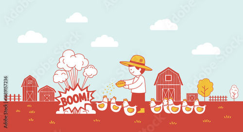 Cartoon farmer feeding chickens with explosion on a red and light blue farm scene illustrating