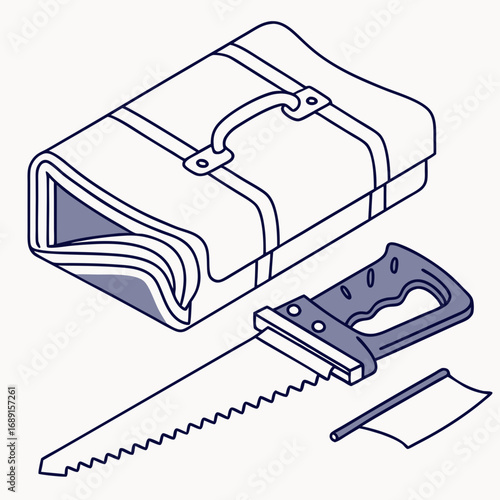 Isometric Illustration of Tools: Saw, Scraper, and Vintage Toolbox