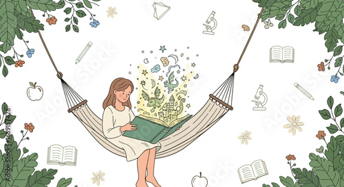 Girl reading a book in a hammock with fantasy elements flowing from the pages illustration