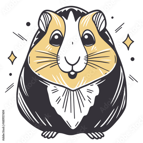 Cartoon guinea pig with friendly expression and sparkles around  