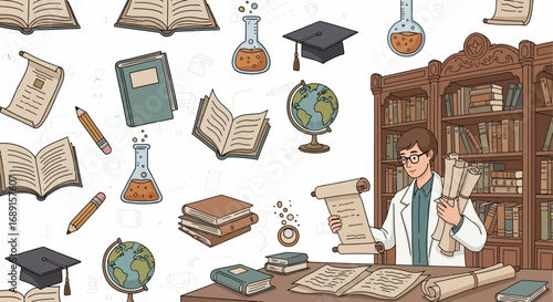 Hand-drawn illustration depicting a researcher with books, scrolls and scientific equipment in the
