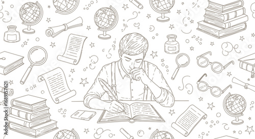 Hand-drawn illustration featuring a man writing with a quill surrounded by educational elements