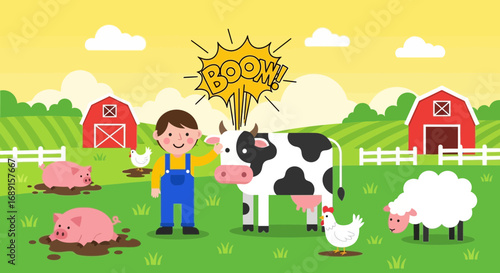 Cartoon illustration of a farm scene with a farmer cow pigs sheep chickens and barns depicting